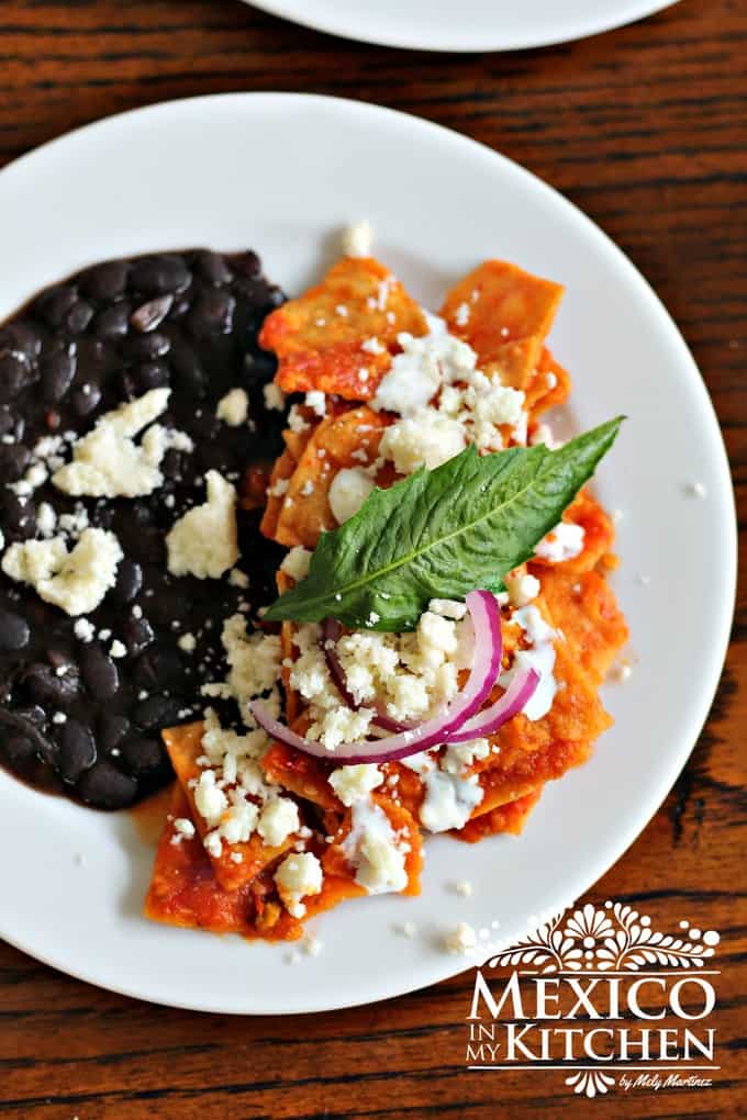 Mexican Chilaquiles recipe, chilaquiles rojos made with tortilla chips and salsa. 