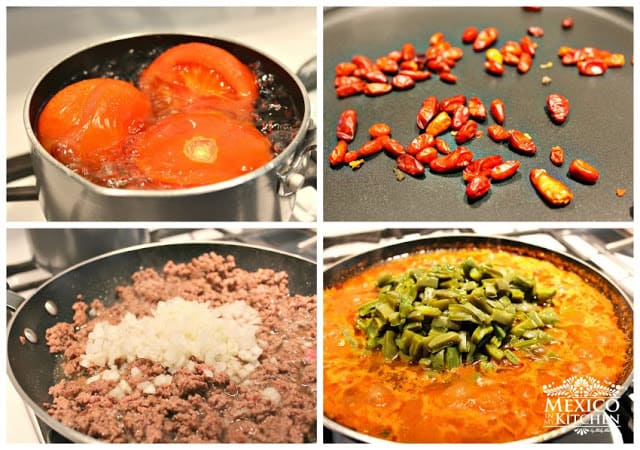 step by step instructions with photos for making nopales con carne molida