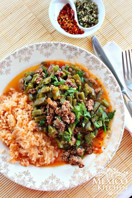 Nopales with ground beef in a piquin sauce