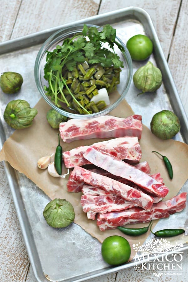 Pork ribs in salsa verde with nopales cooking ingredients