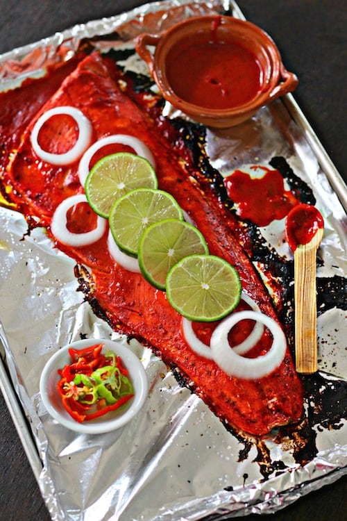 Roasted Salmon yucatan style on a sheet pan 