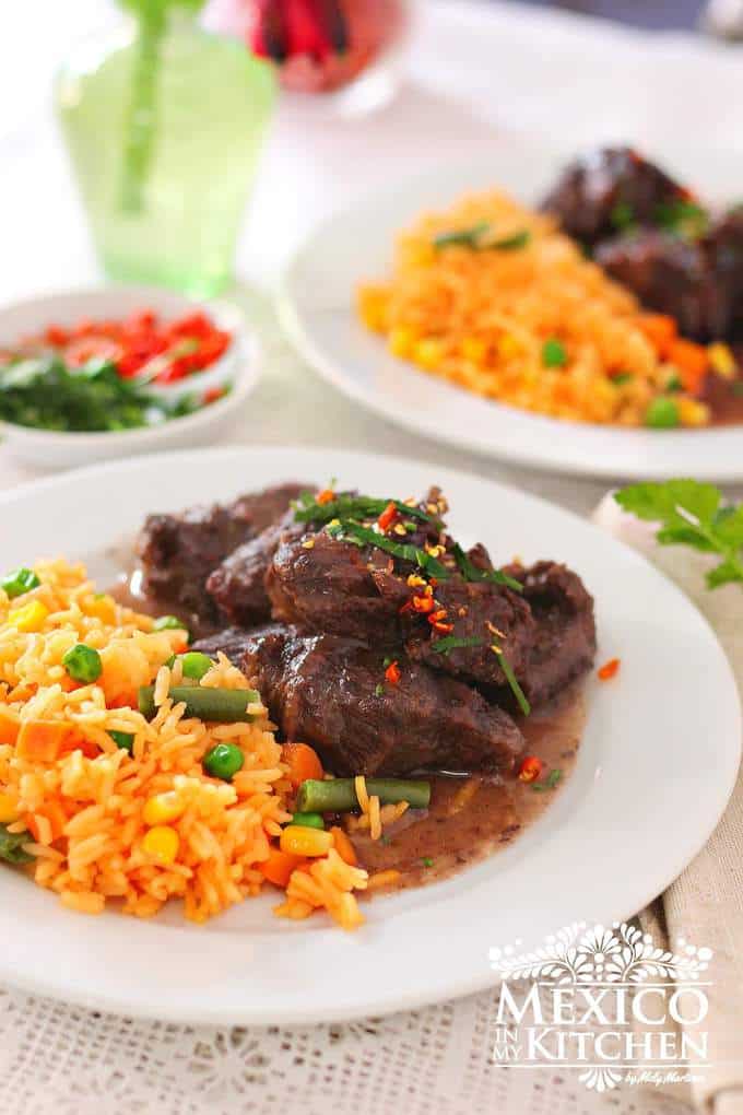 beef stew with red wine and rice on a white plate