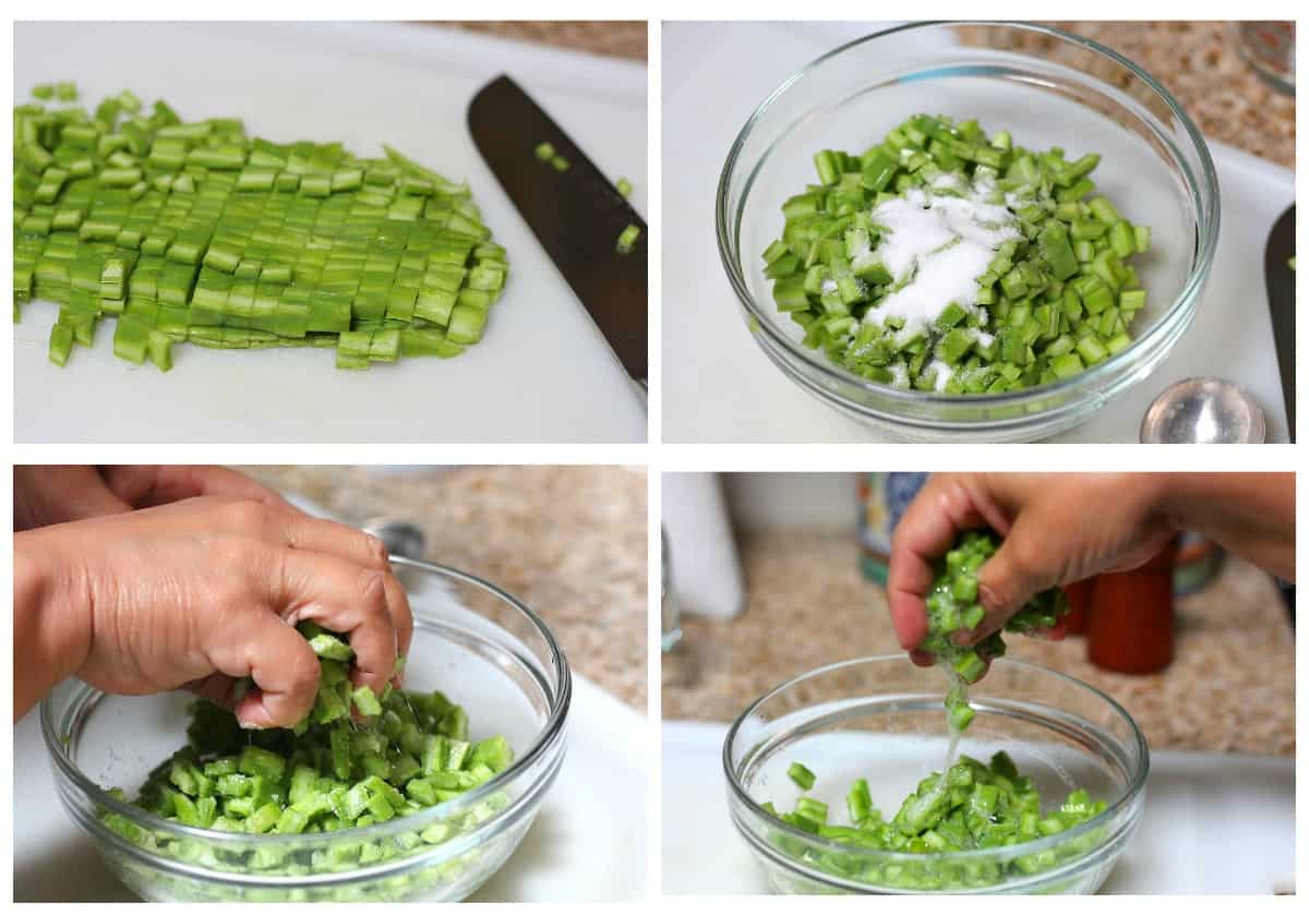 Cutting nopales and placing them with salt. 