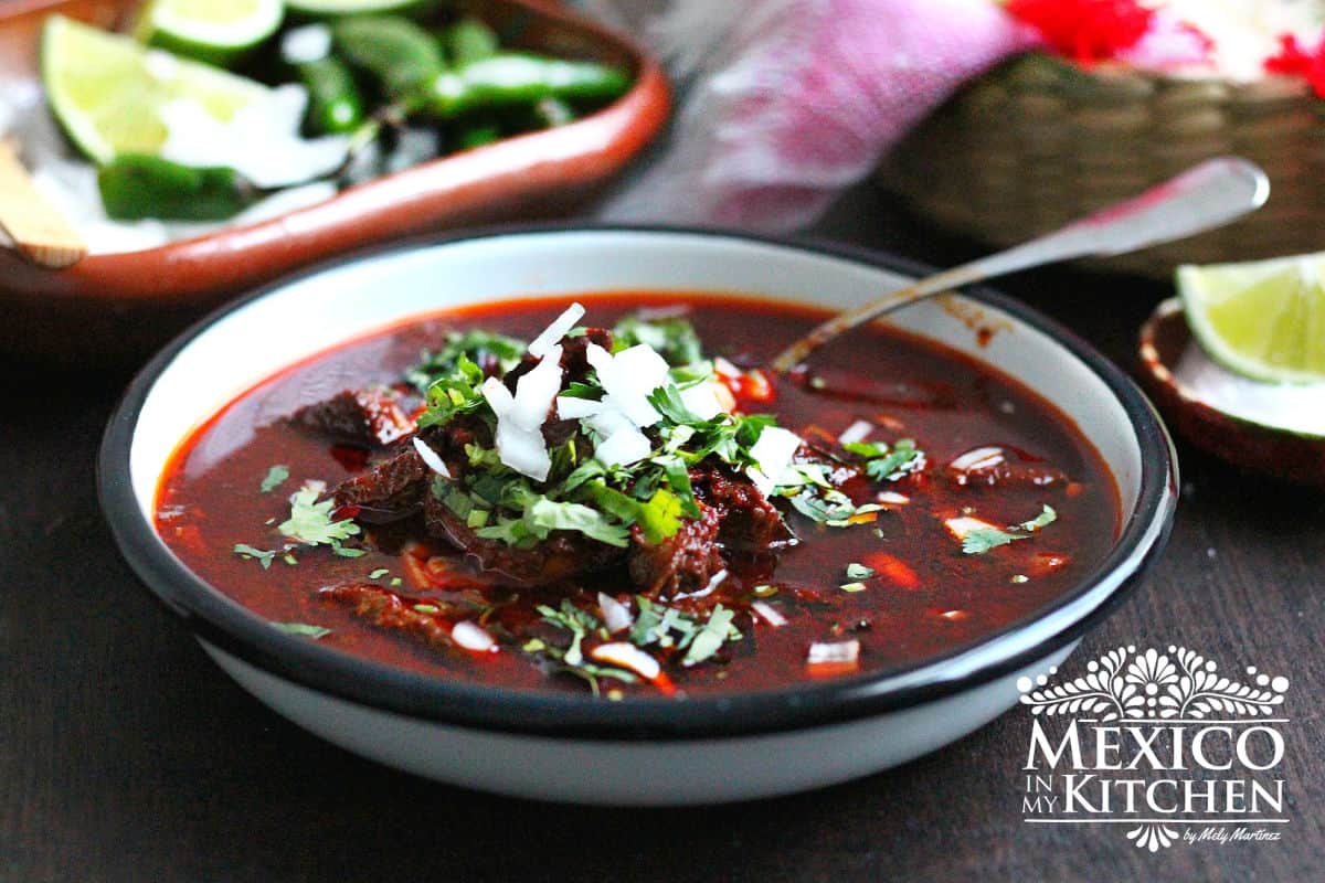 Beef Birria served in a white bowl garnished with cilantro and onion. 