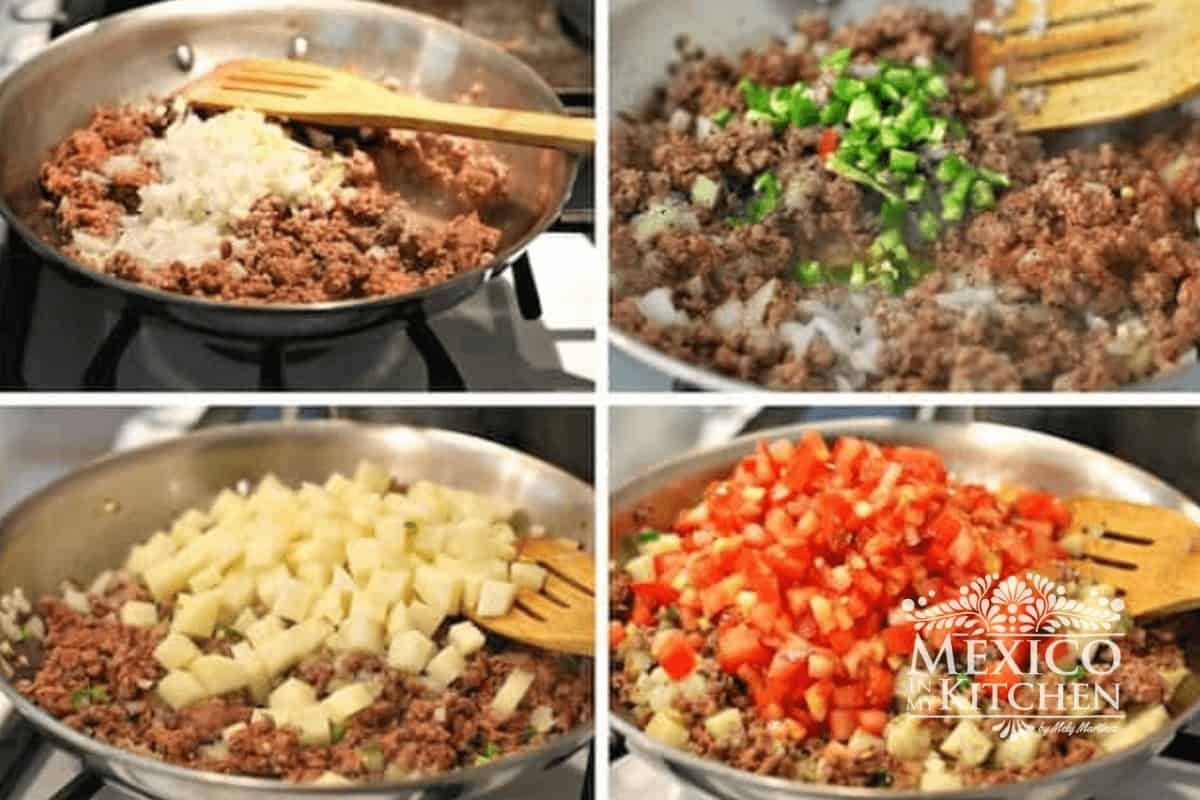 Cooking ground beef with potatoes, carrots, onions and tomatoes on a skillet.
