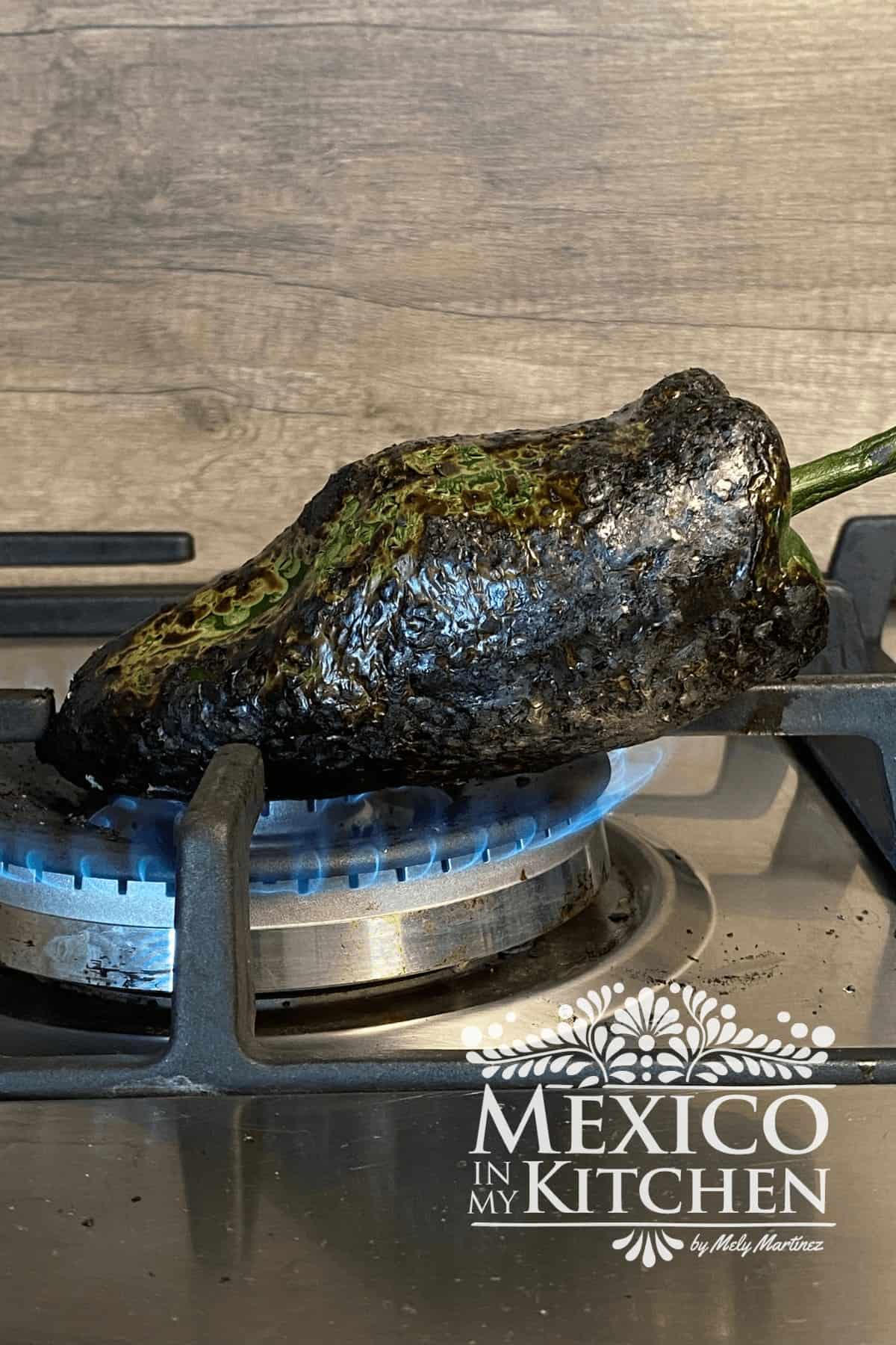 Roasted poblano peppers on an open fire