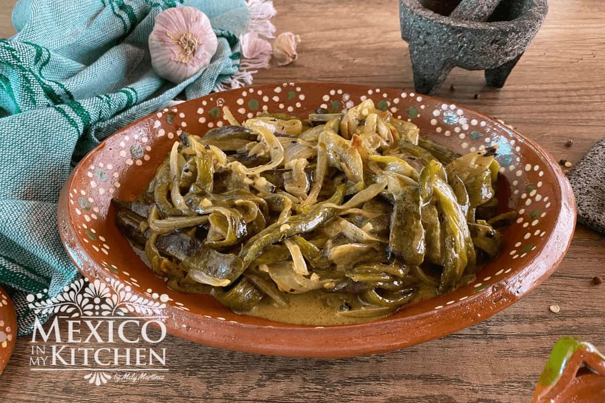 Platter of Mexican rajas con crema (Poblano peppers and cream)