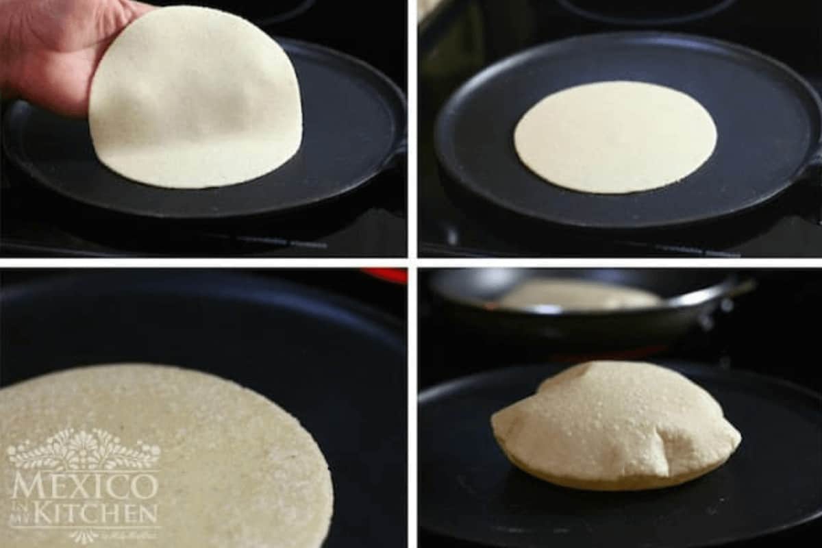 Cooking the handmade masa dough in a hot cast iron skillet