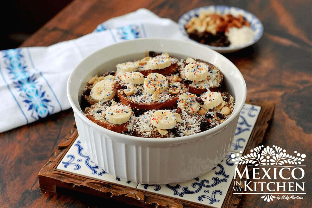 Mexican bread pudding in a bowl.