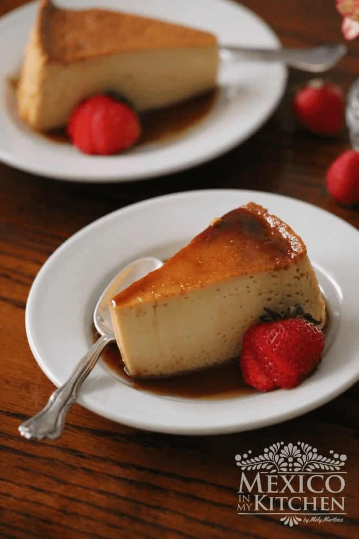 Mexican flan with caramel and strawberries
