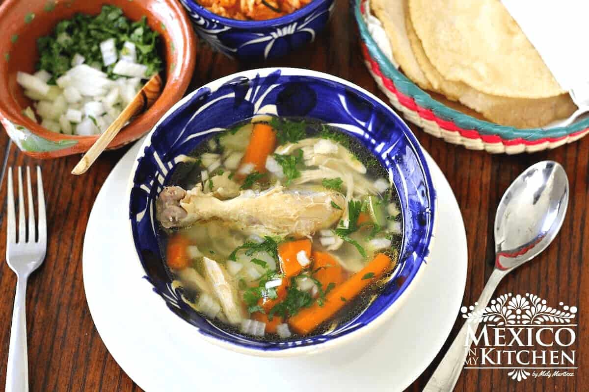One of the best healthy Mexican recipes. Serving of chicken soup on a bowl. 