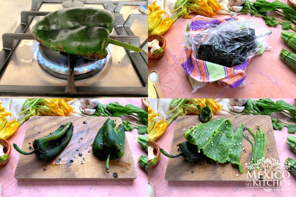 Process of roasting poblano peppers.