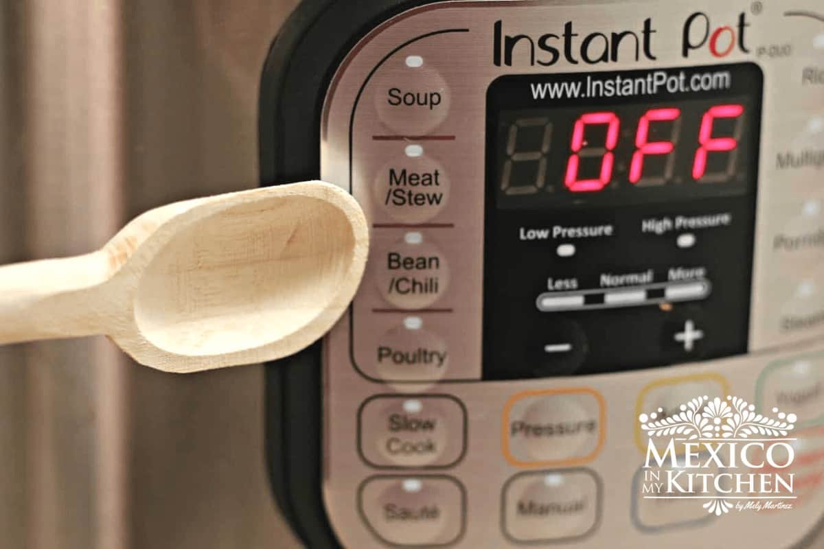 Spoon pointing to and Instant Pot