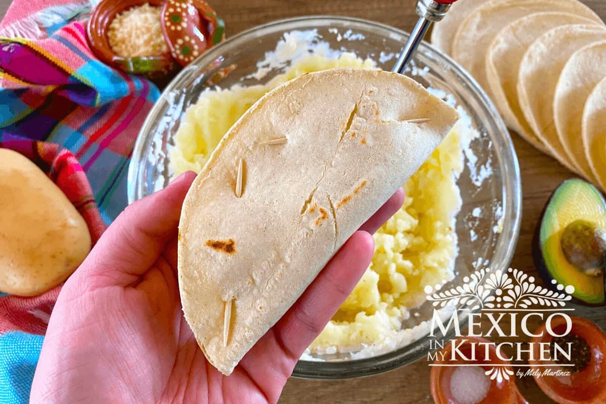 Folded corn tortillas and secured with toothpicks