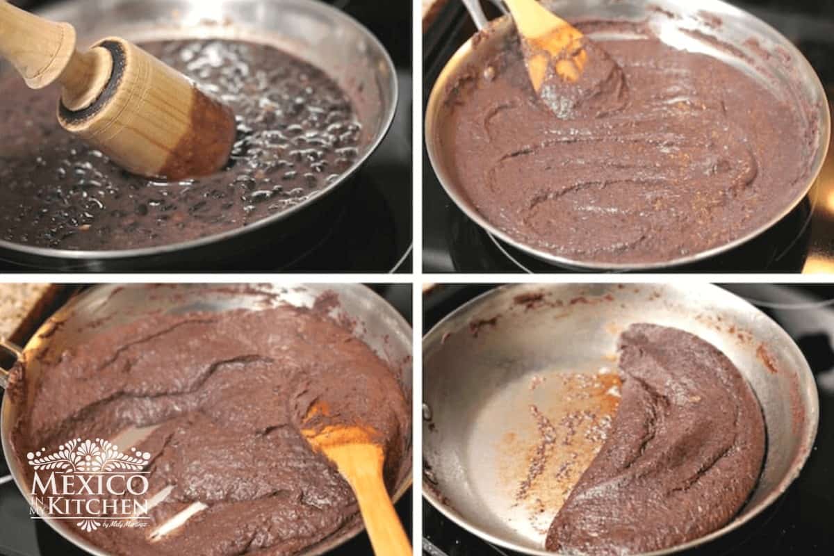 Smashing beans on a frying pan.