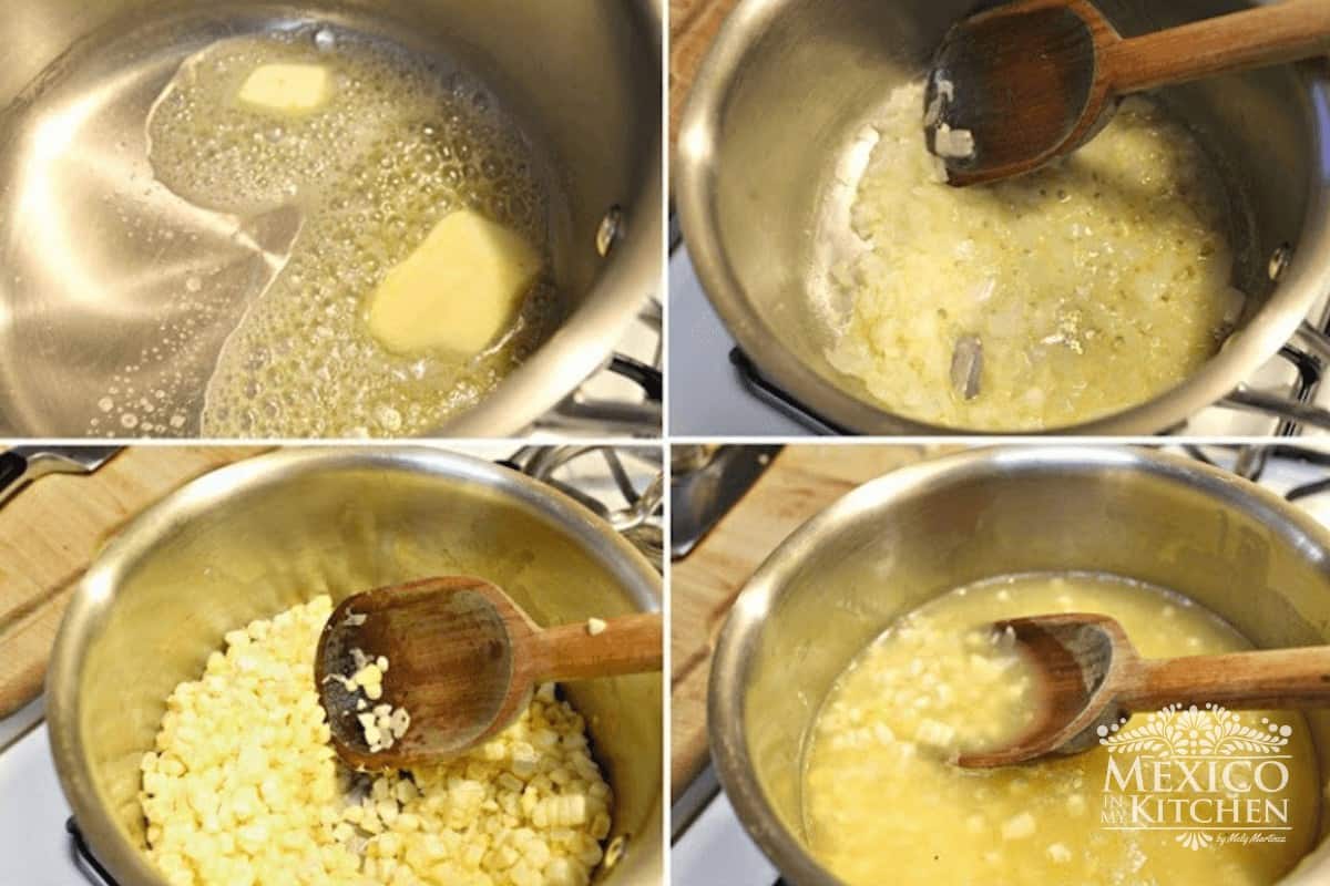 Process of butter and onions sauteeing on a pot.