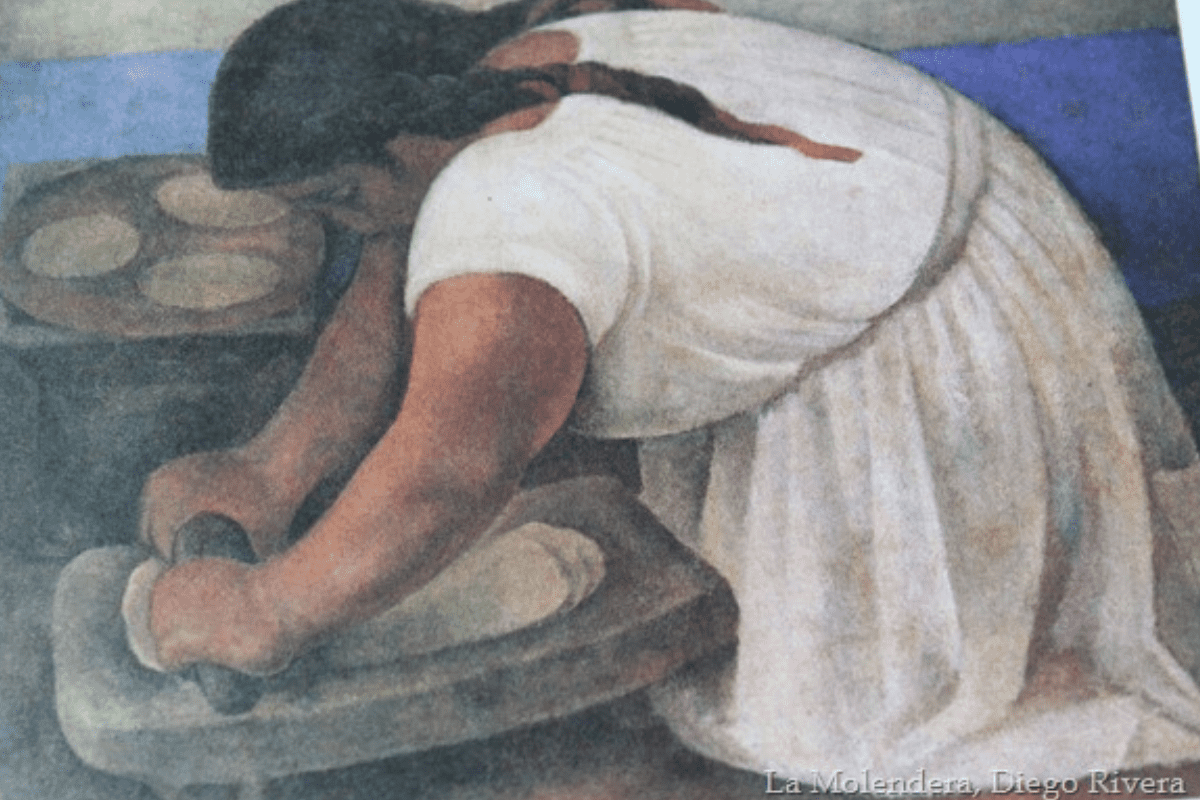 "La Molendera by Diego Rivera painting" an essential cooking utensil in Mexican cuisine.