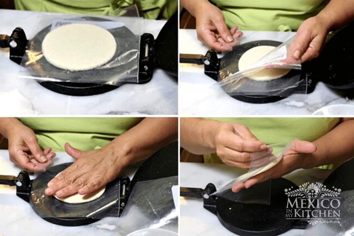 Pressing corn dough with a tortilla press to form the sopes