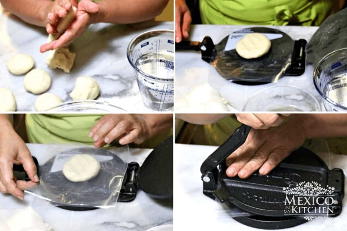 Making the dough balls and pressing them with a tortilla press.