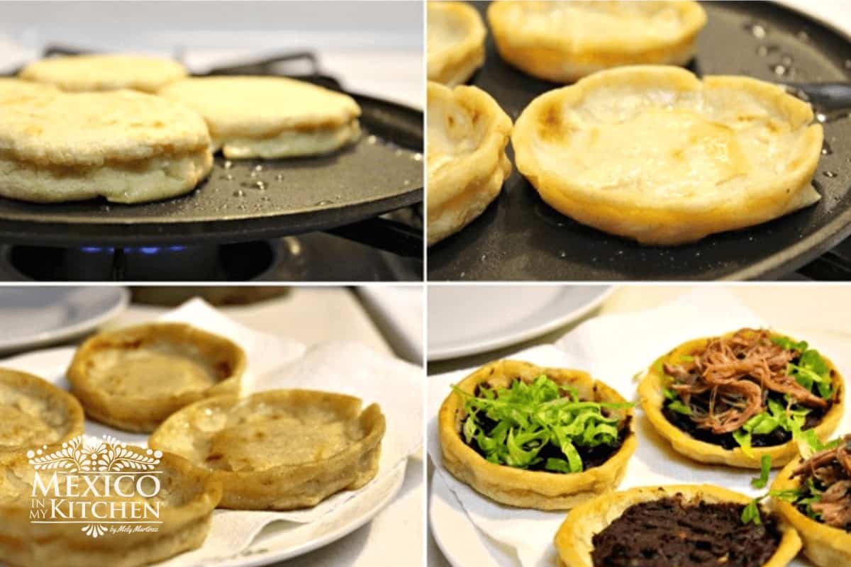 Process of sopes recipe, Lightly frying the sope on a comal and adding toppings.