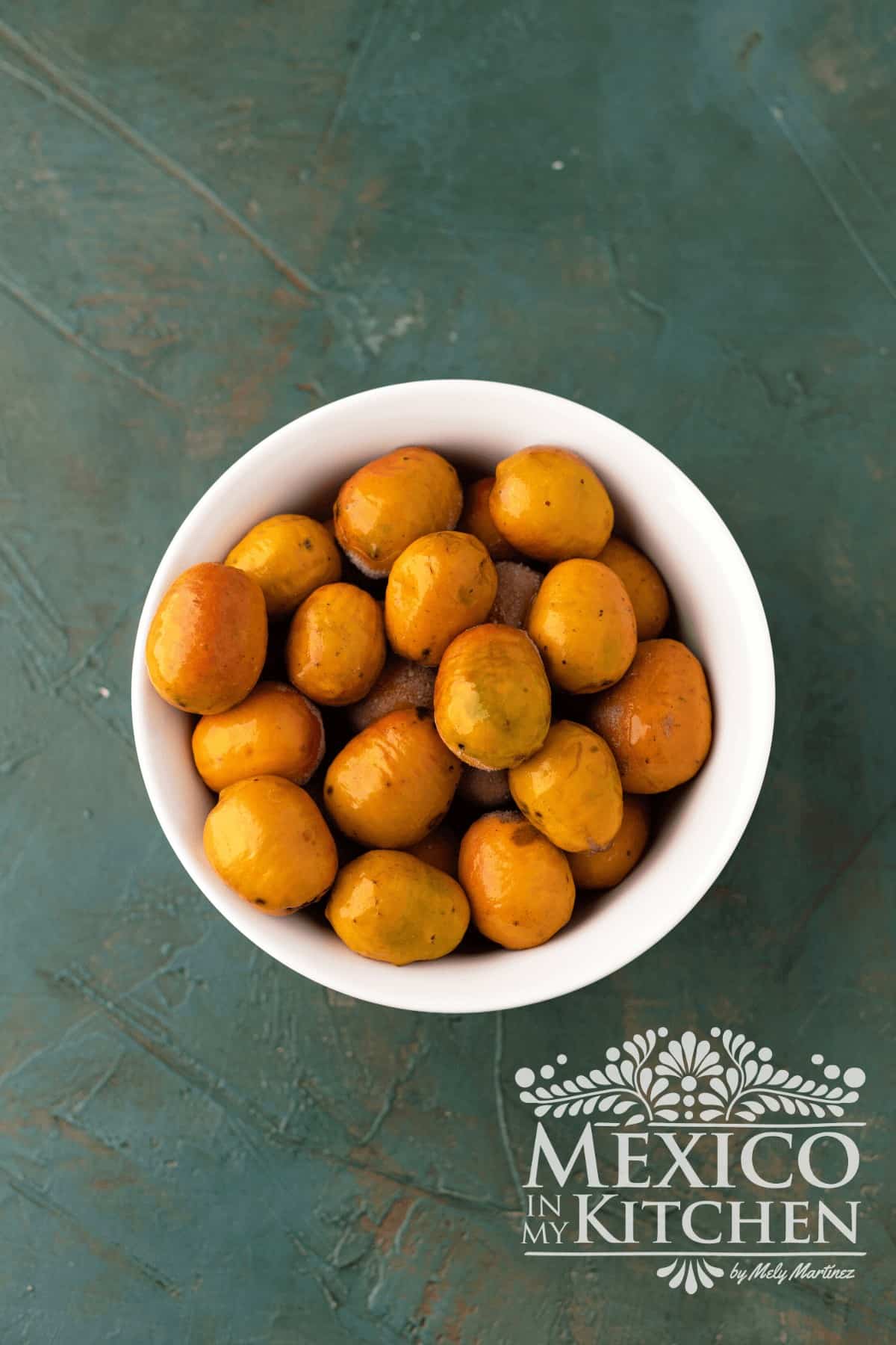 Mexican yellow plums in a white bowl