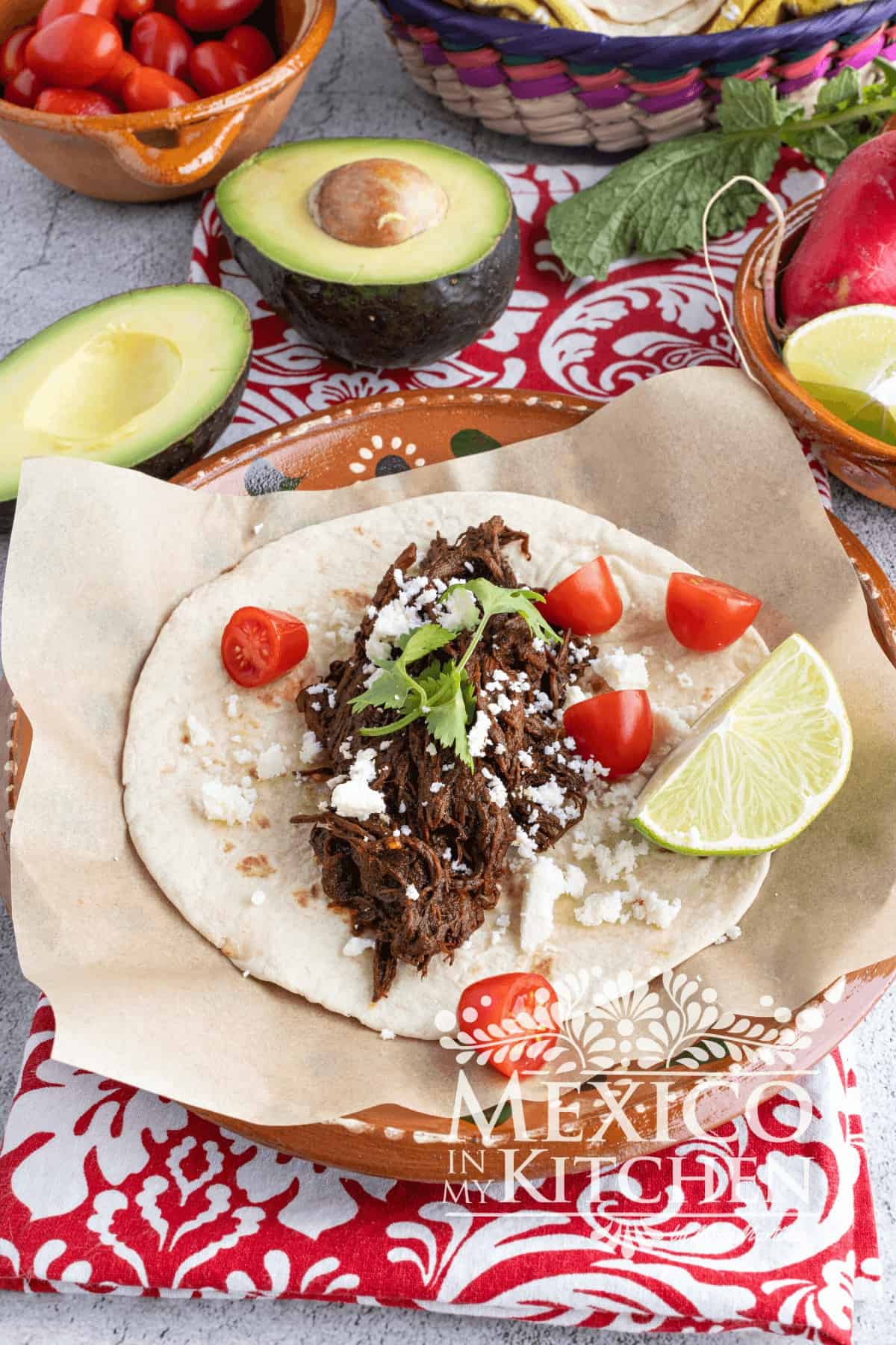 Shredded beef with ancho chiles tacos, garnished with tomatoes, queso fresco and cilantro.