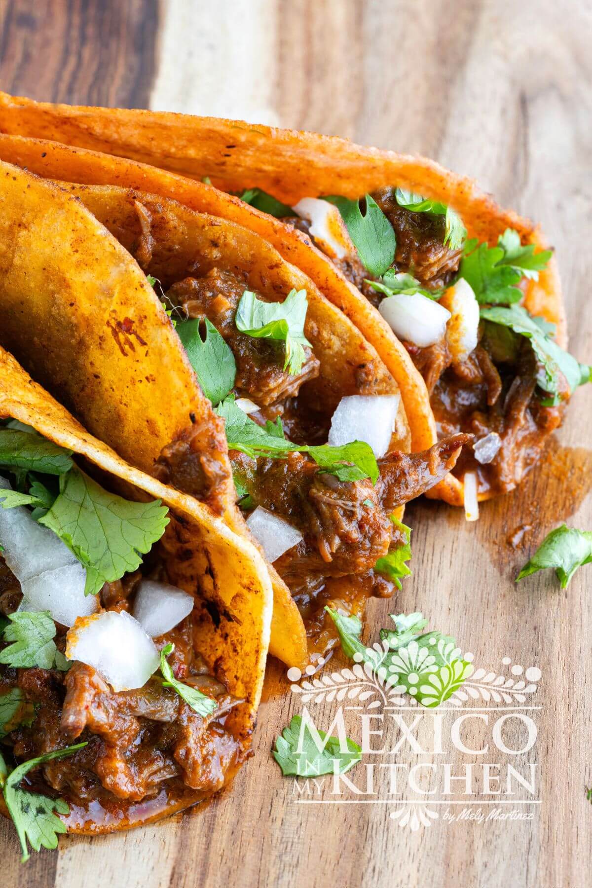 Birria tacos topped with chopped white onions and fresh cilantro .