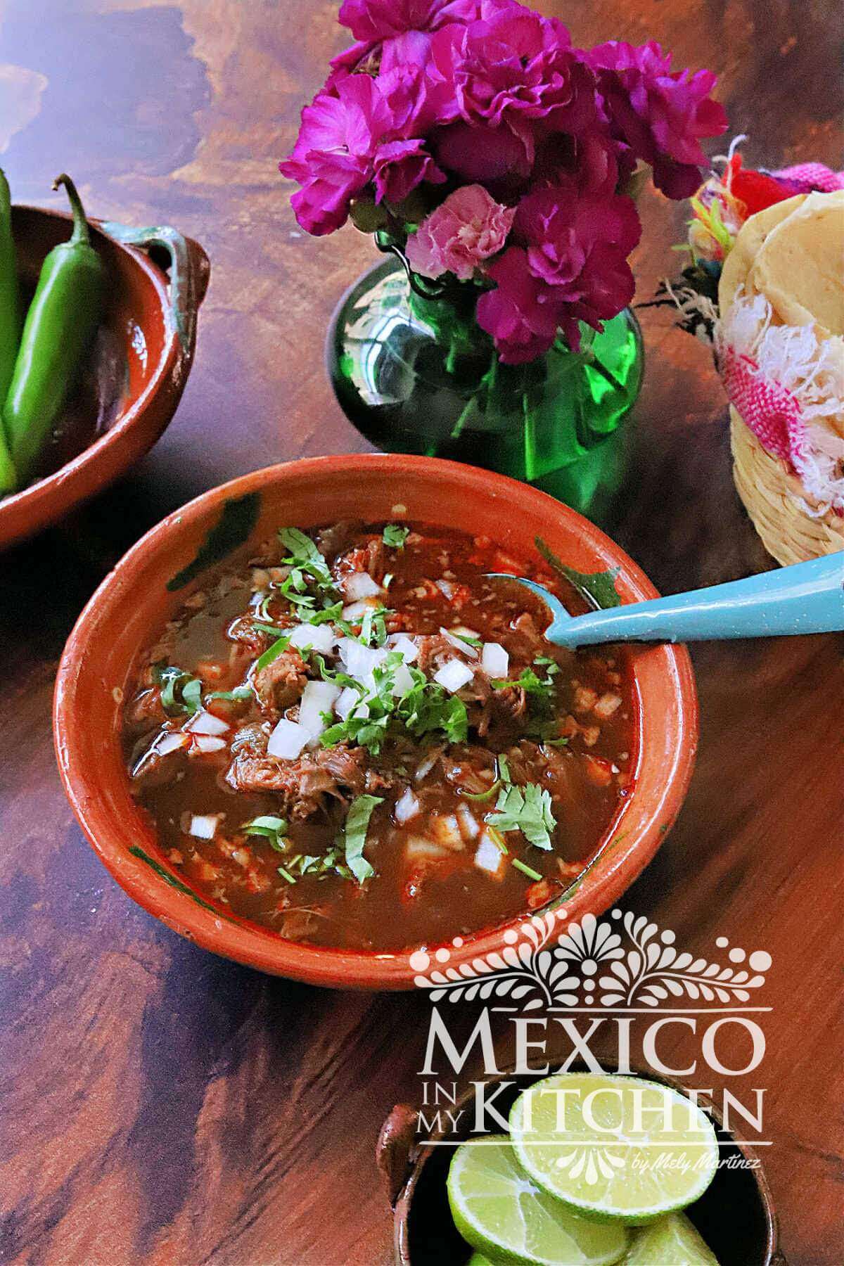 Beef Birria served in a red clay bowl and topped with fresh cilantro, and white onion.