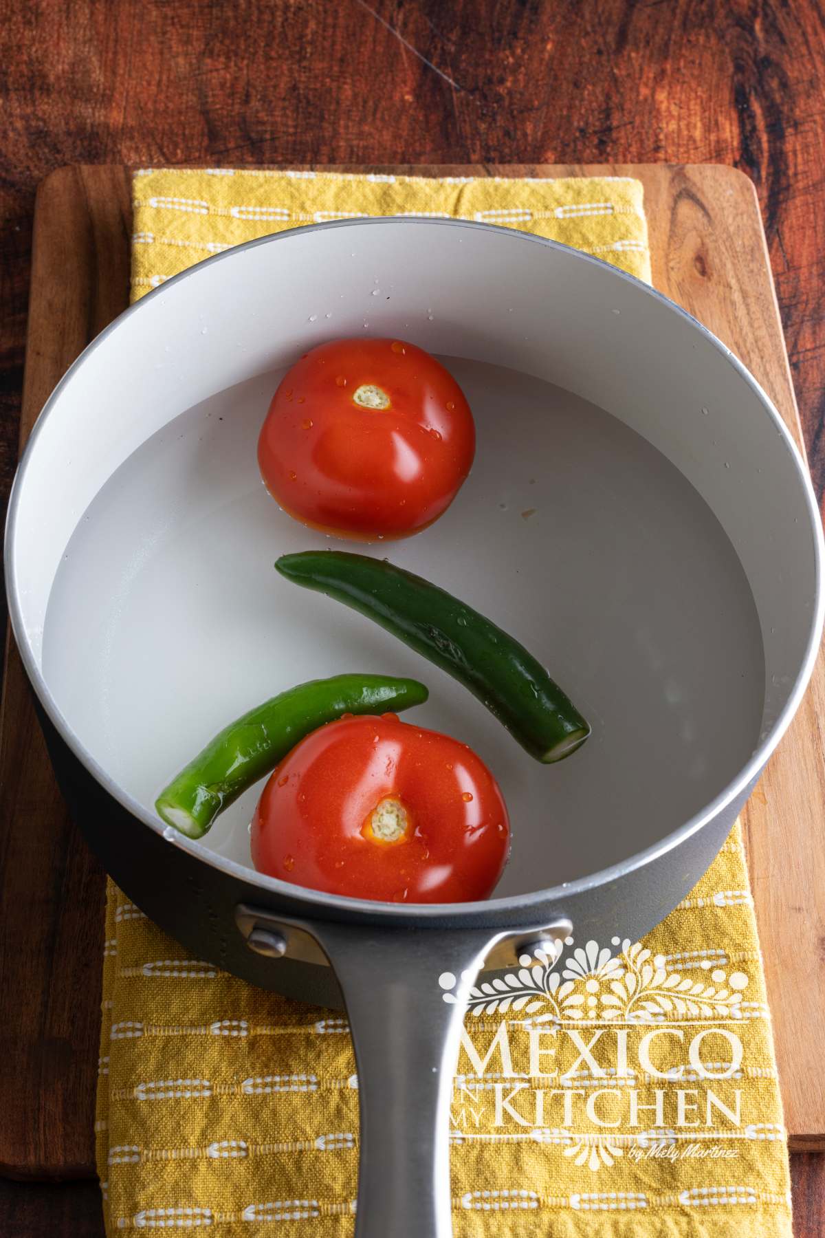 Raw tomatoes, and peppers in a saucepan with water.