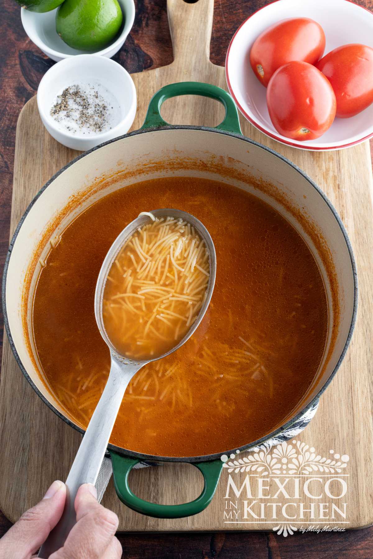 Mexican noodle soup cooked in tomato, and chicken broth.