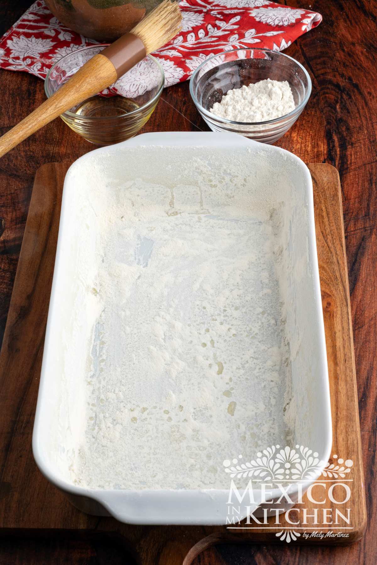 Oiled and floured baking dish.