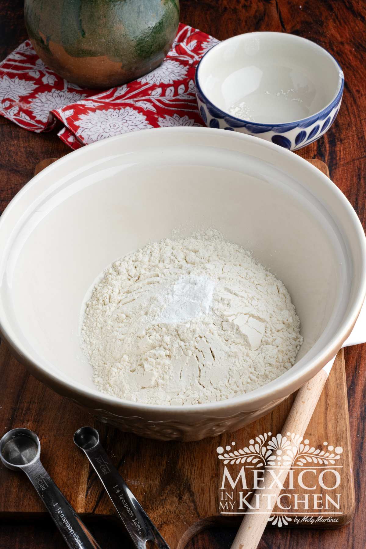 Flour, baking soda, and salt in a mixing bowl.