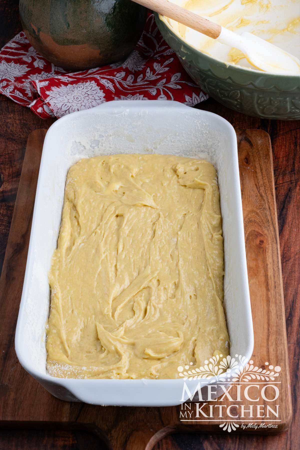 Cake batter in a baking dish.