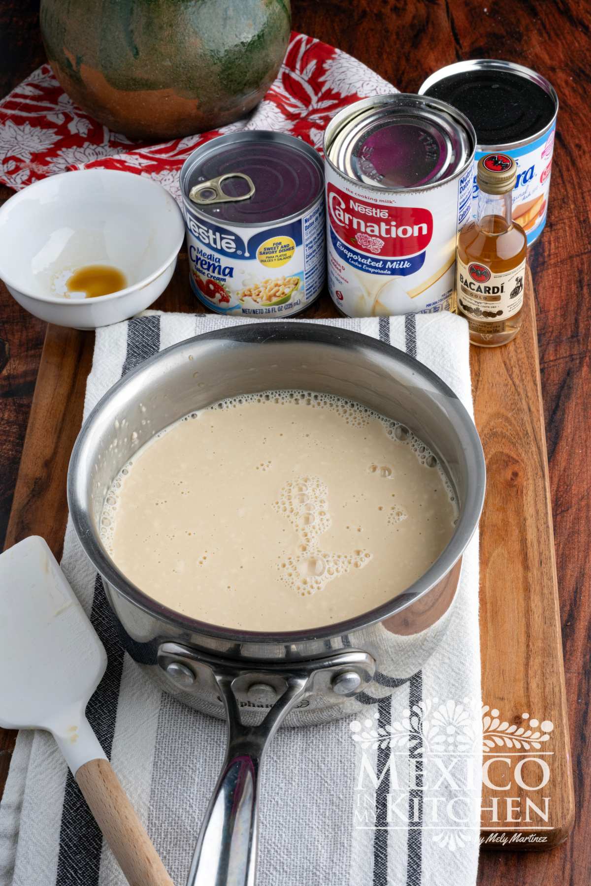 Mixture of three kinds of milk in a saucepan.