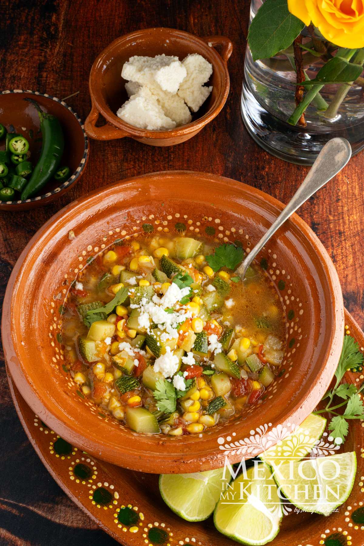 Corn and Zucchini Soup |Sopa de Elote con Calabacitas serve in a mexican clay bowl.