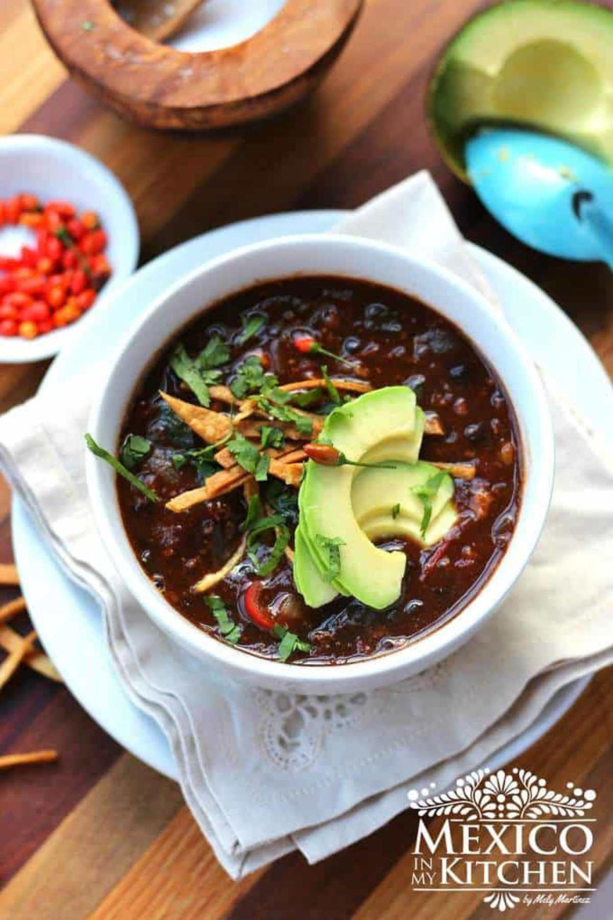 Collection of Mexican soups like black beans with chorizo.