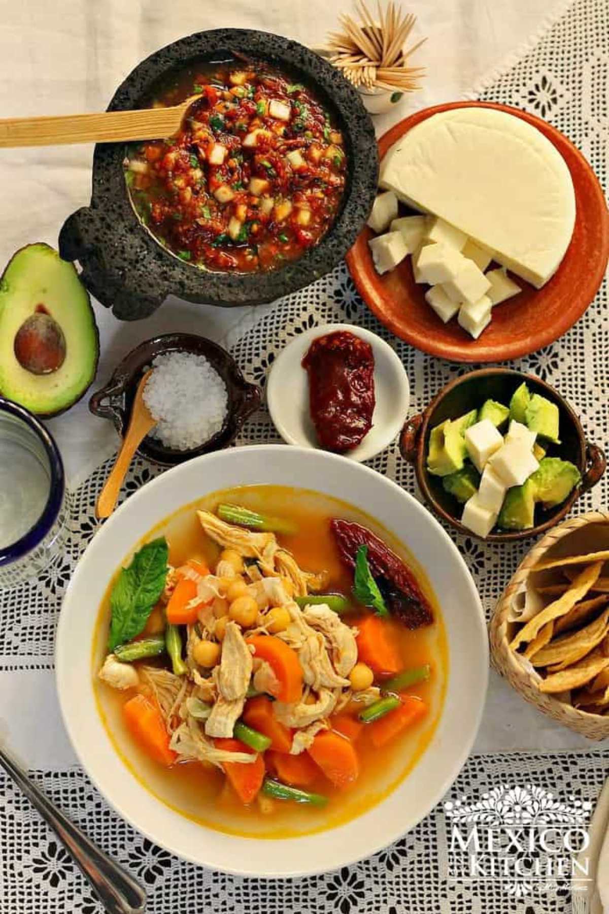 Collection of Mexican soups like caldo tlalpeño.