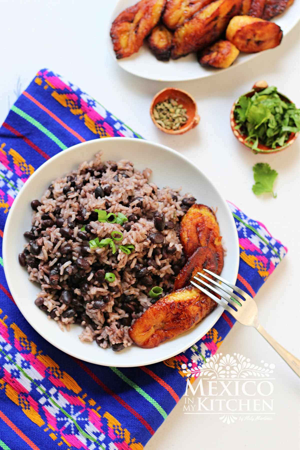 Black beans and rice | Moros con cristianos served in a plate with fried plantains.