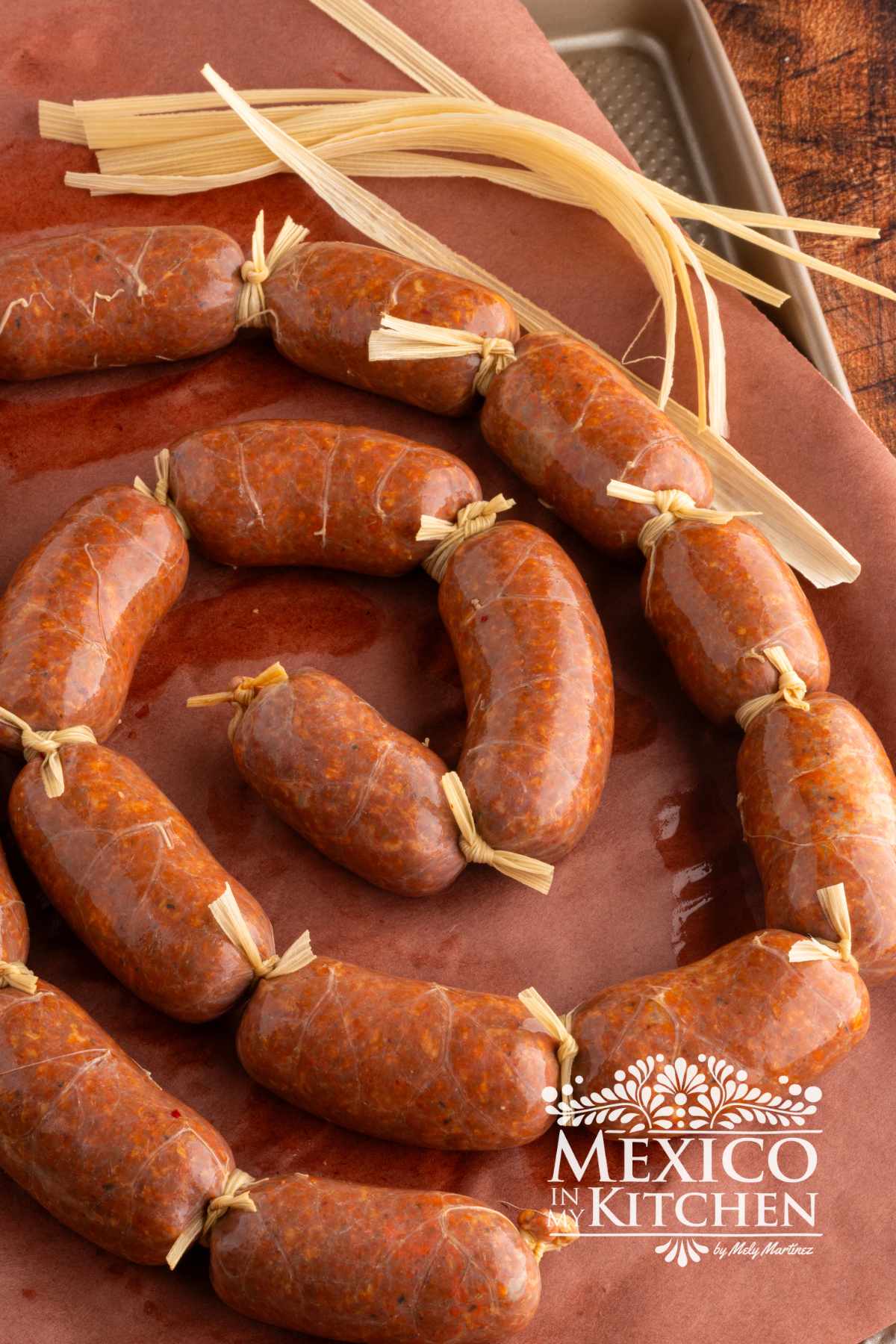 Mexican chorizo in casing, tied in medium sized links.