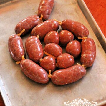 Mexican chorizo in casing, tied in small links.