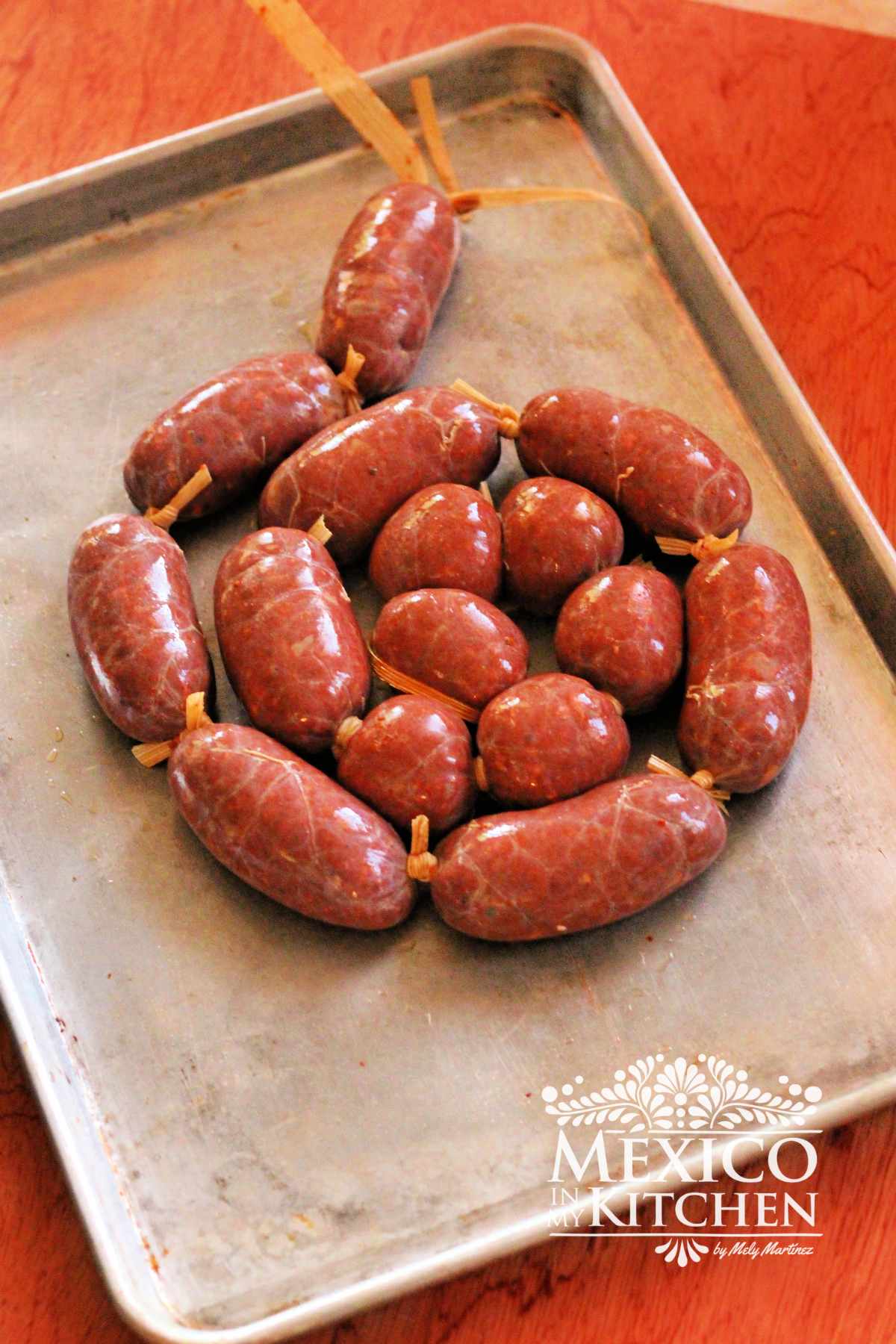 Mexican chorizo in casing, tied in small links.