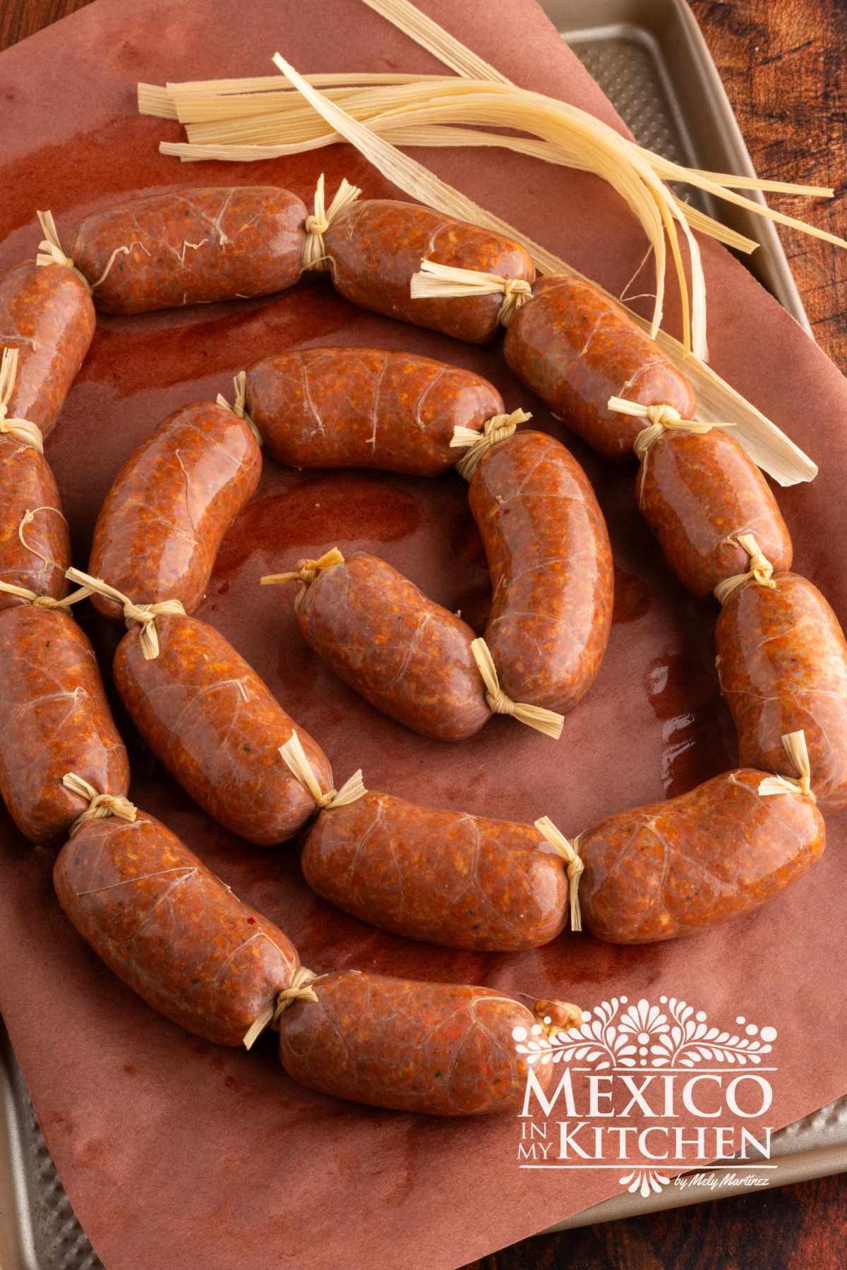 Mexican chorizo in casing, tied in medium sized links.