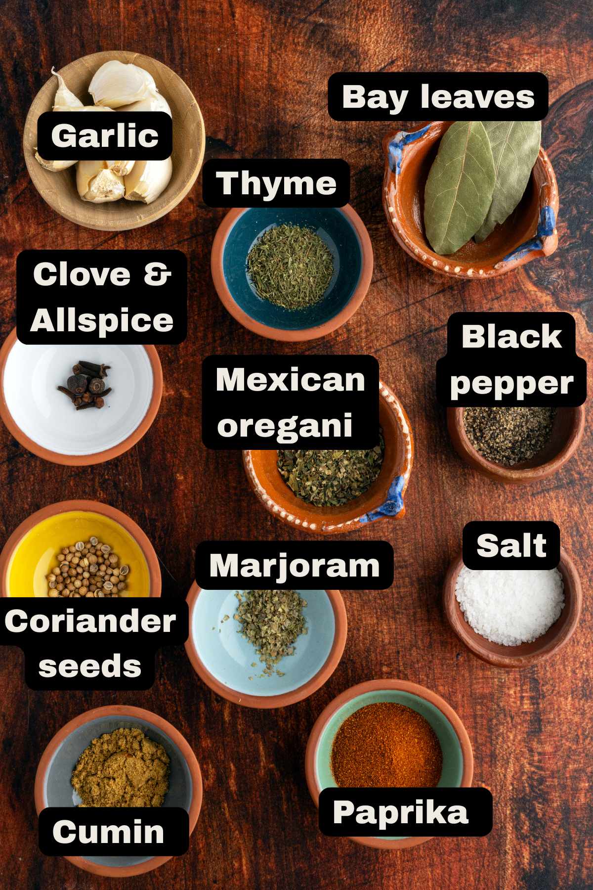 Ingredients such as garlic, bay leaves, thyme, cloves, all spice, Mexican oregano, black pepper, marjoram, coriander seeds, cumin, paprika, and salt in individual dishes over a table.